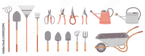 Big set of garden tools and items. Hand drawn illustrations isolated on white background.
