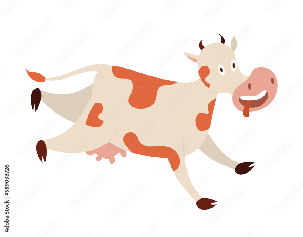 Concept Cartoon cow galloping. This vector illustration depicts a brown and white cow galloping through a green pasture on a farm. Vector illustration. Concept Cartoon cow galloping. This vector illustration depicts a brown and white cow galloping through a green pasture on a farm. Vector illustration.