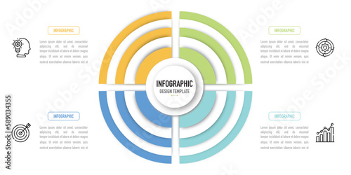 Pie, pizza, semicircular paper cut or origami infographic template or element with 4 step, process, option, colorful 3D triangle layer, target, dartboard, icons, funnel, pyramid, sale slide, arrow