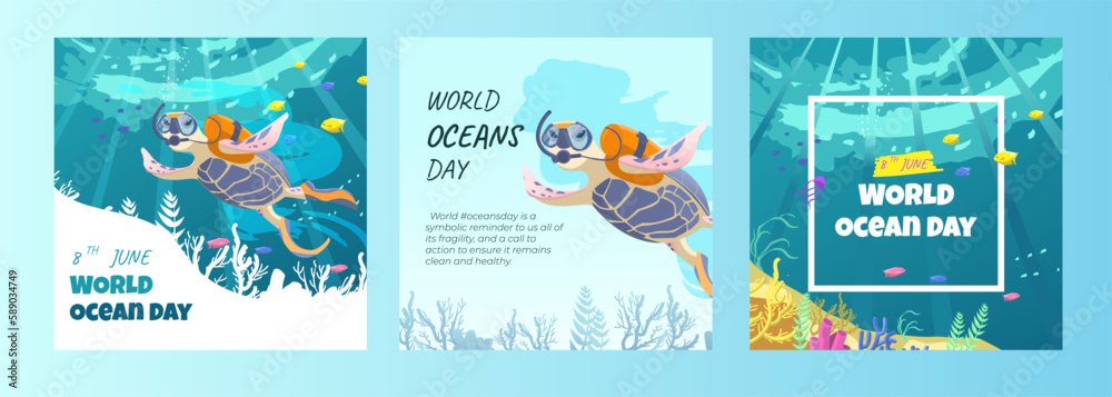 World Oceans Day, set of three poster templates with illustrations of underwater animals. 