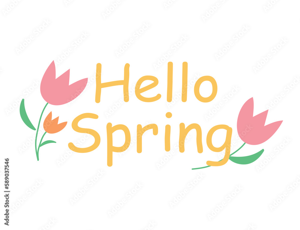 Concept Spring Easter flowers hello spring title. This vector illustration depicts a beautiful spring scene with colorful flowers and a flat design. Vector illustration.