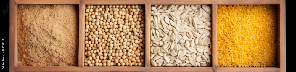 groats in square wooden box collection of cereals beans and seeds top view groats in square wooden box collection of cereals beans and seeds top view