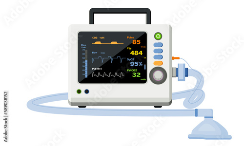 Medical equipment automatic transport ventilator The screen displays the patient's vital signs, device mask or tube for the patient. Life Support or Resuscitation