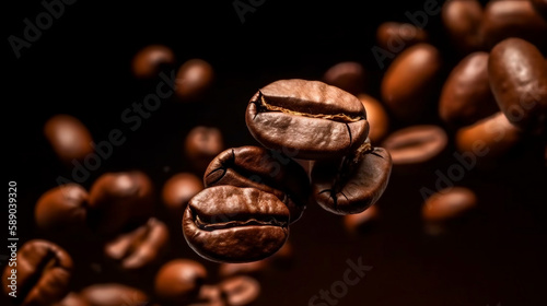 roasted falling or flying coffee beans on black dark background close up