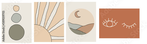 collection of modern simple abstract landscapes in boho style with colored geometric shapes on a beige background with sketchy eyes