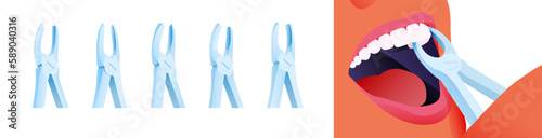 Dental Extracting Forceps Set. Cropped Beautiful Female Face White Teeth with Extracting Forceps Close Up. Modern Flat Vector Illustration.