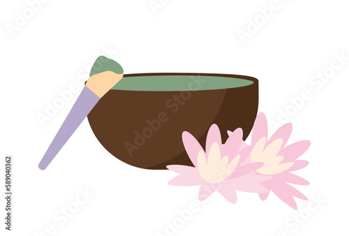 Concept Spa salon beauty mask plate with brush. This is a flat and colorful cartoon illustration depicting a scene with a plate of beauty mask and a flower on a table. Vector illustration.