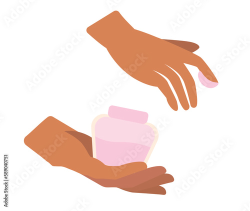 Concept Spa salon hands holding cream jar. A flat cartoon illustration depicts a scene of a spa salon with hands holding a cream jar. Vector illustration.
