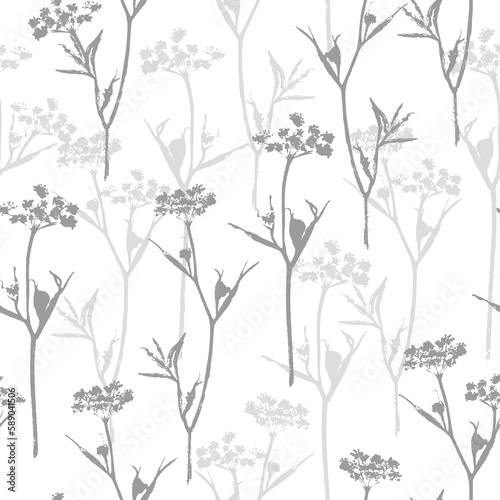 A delicate seamless pattern with silhouettes of wild flowering grasses in gray on a white background. Natural design for fabric, wallpaper, wrap, cover.