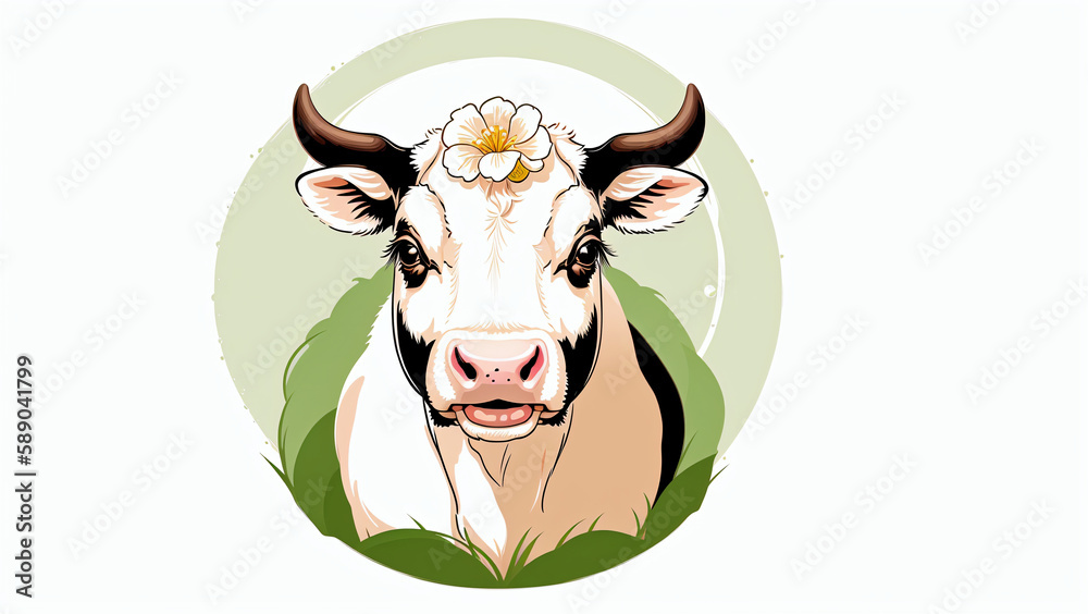 simple illustration of lovely sweet cute smiling cow with flower on head on white background, generative AI