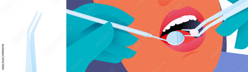 Dental Tweezers Oral Tool Close Up. Half Female Face with Beautiful