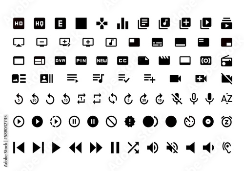 Set of audio – video, multimedia icons isolated on transparent background.