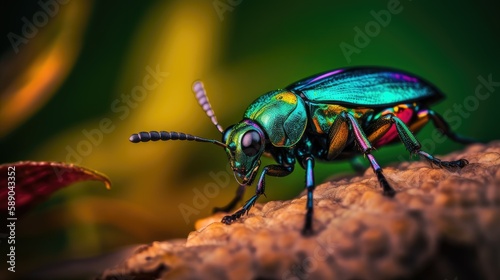 Macro view of a tiny insect in vivid colors, showcasing the intricate details and stunning hues of the insect's body and wings. Generative AI © piai