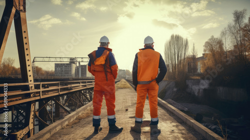Workers are building bridge. Two engineers in yellow uniforms are standing at construction site, rear view. Industry and production concept created with Generative AI Technology