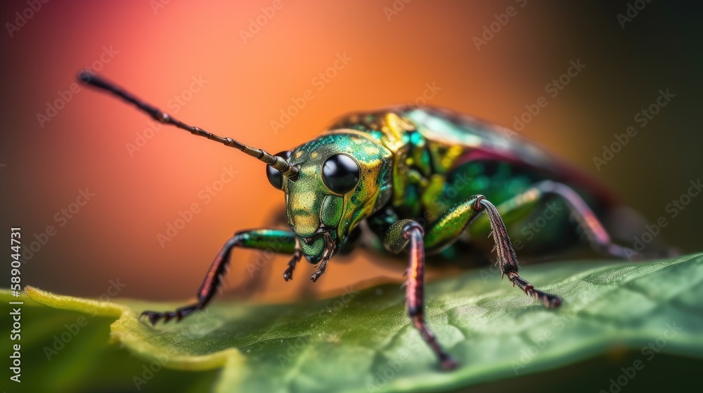 Macro view of a tiny insect in vivid colors, showcasing the intricate details and stunning hues of the insect's body and wings. Generative AI Macro view of a tiny insect in vivid colors, showcasing the intricate details and stunning hues of the insect's body and wings. Generative AI