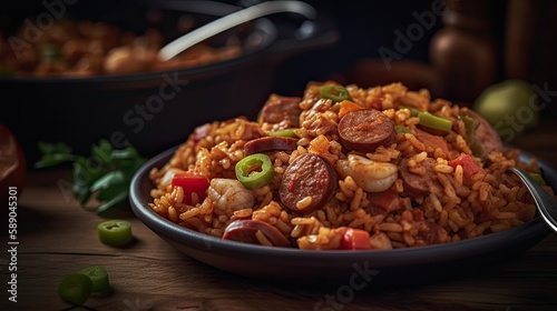 Jambalaya, American Creole and Cajun rice dish, generative ai