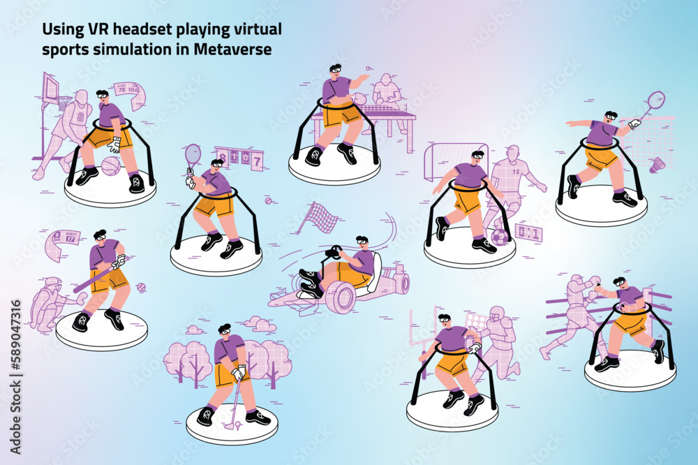 Using VR headset playing virtual sports simulation in Metaverse