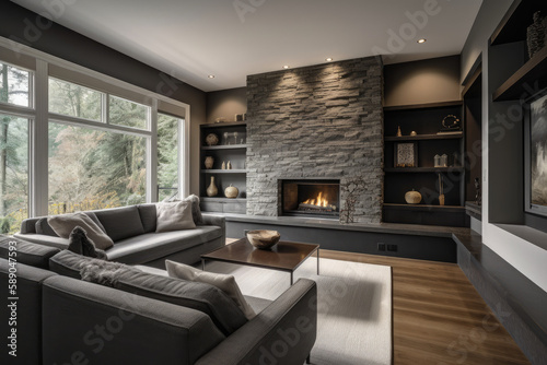 Living room interior in gray and brown colors features gray sofa atop dark hardwood floors facing stone fireplace with built in shelves. Northwest  USA  generative AI