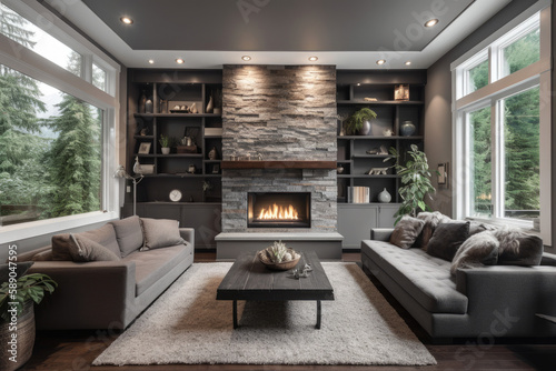 Living room interior in gray and brown colors features gray sofa atop dark hardwood floors facing stone fireplace with built in shelves. Northwest, USA, generative AI © Kien