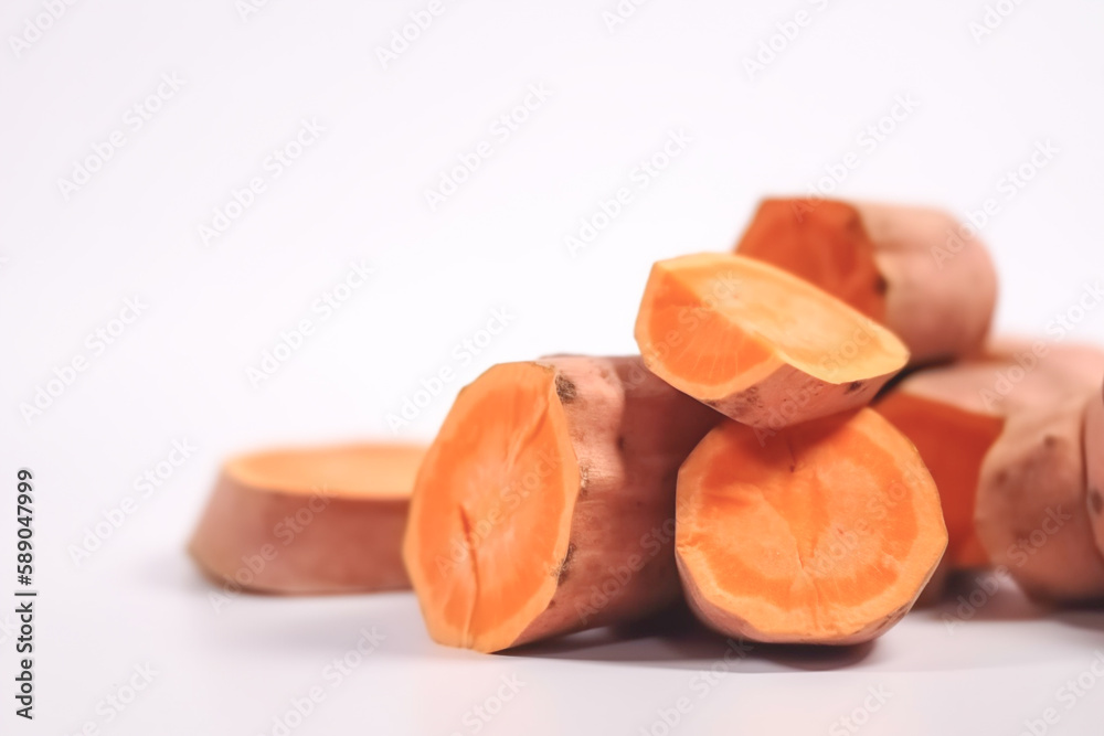 Close up of sweet potatoes on white background with copy space. Healthy vegan vegetarian food concept Close up of sweet potatoes on white background with copy space. Healthy vegan vegetarian food concept