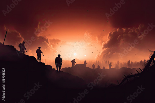 World War 1 trench warfare with silhouettes of soldiers among smoke and craters in a historic warfare battlefield artwork. Battle combat of armed forces in WW1 conflict artwork, generative AI