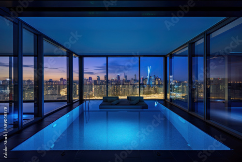 A room with a pool with a night view of the big city  Generative AI