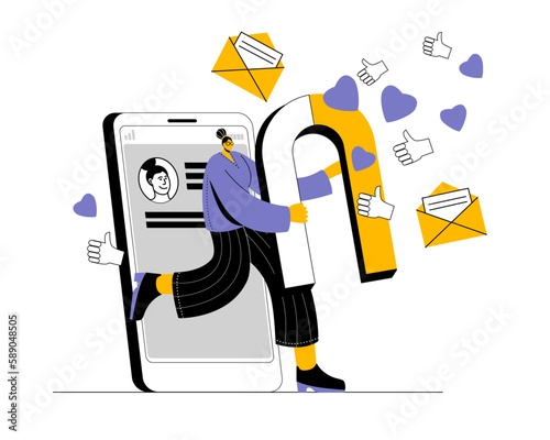 The blogger comes out of the smartphone and attracts likes and hearts like a magnet. Vector illustration on the topic of promotion in social networks. photo