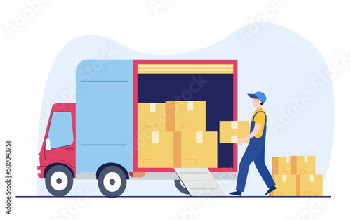 Worker loading boxes in truck, men carrying cardboard container and loaded in truck, delivery storage concept.