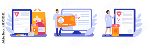 Set of illustrations of medical services, pharmacy drugs. A doctor in a hospital reads a patien