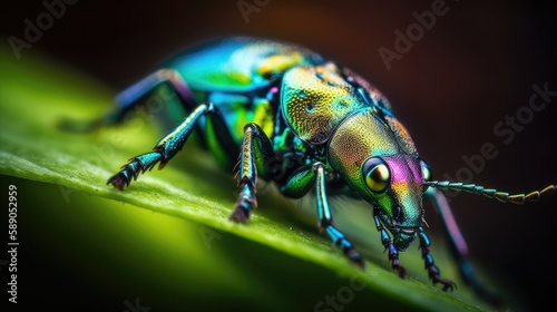 Macro view of a tiny insect in vivid colors, showcasing the intricate details and stunning hues of the insect's body and wings. Generative AI