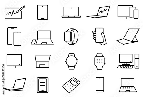 Personal Devices Icons set. Contains such Icons as smartphone, Tablet, Desktop PC, Handphone, Workstation, Smart Watch and more. Editable Stroke