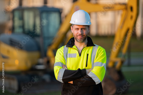 Εκτύπωση καμβά Construction build man with excavator at industrial site