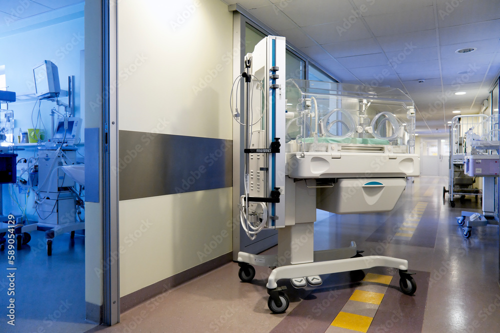 An incubator crib in a paediatric intensive care unit in a university hospital. An incubator crib in a paediatric intensive care unit in a university hospital.