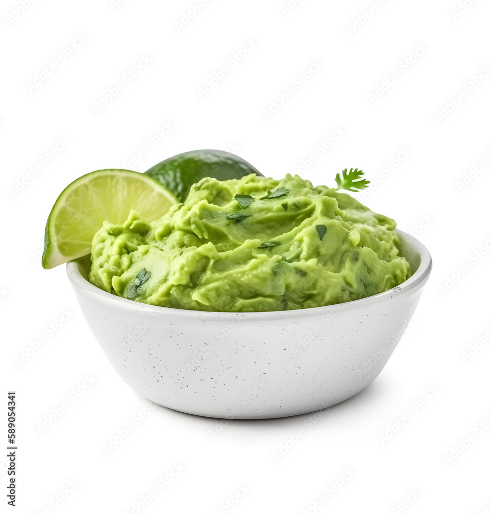 Guacamole paste on white plate on white backgrounds. Ai generated. Guacamole paste on white plate on white backgrounds. Ai generated.