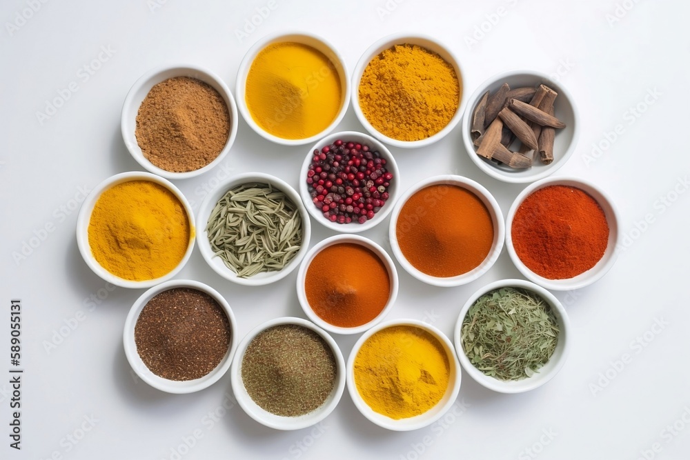 spices and herbs on white background