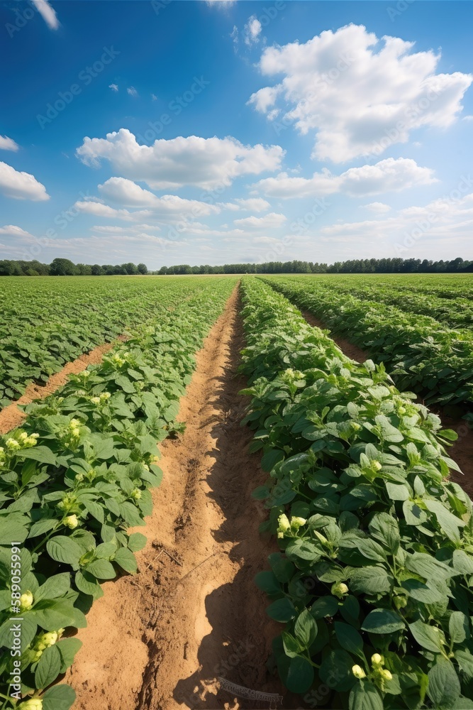 Sunlit green field of potato crops in a row. Generative AI