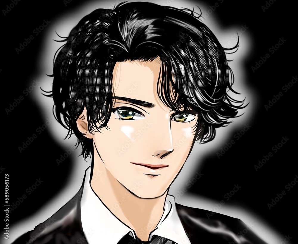 甘いマスクで誘う黒髪パーマイケメン男子の少女漫画風ポートレートイラスト黒背景 甘いマスクで誘う黒髪パーマイケメン男子の少女漫画風ポートレートイラスト黒背景