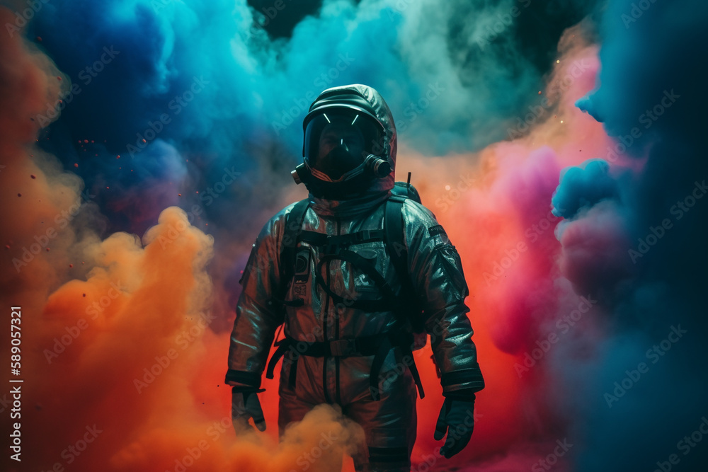 Neon astronaut in space helmet in the middle of multicolored smoke illustration