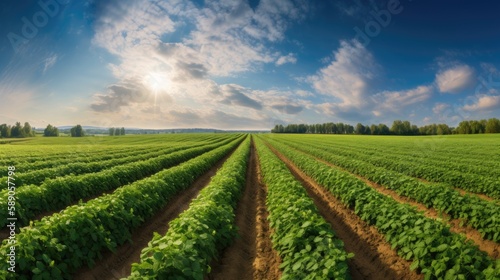 Sunlit green field of potato crops in a row. Generative AI © piai