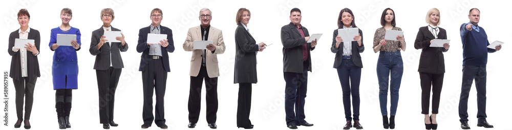 group of people demonstrating tablet looking at camera group of people demonstrating tablet looking at camera