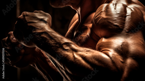 Close-up Detail of Muscular Man's Arm in Gym, Hard Light and Concept of Strength and Perseverance, Generative AI