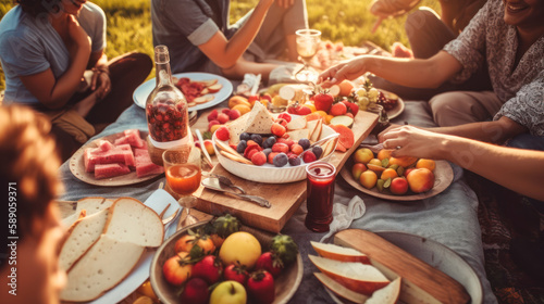 Outdoor Picnic with Friends, Group Sharing Healthy Snack, Generative AI