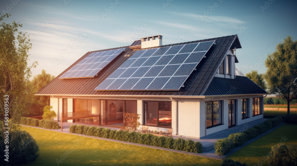 Sustainable Single-Family Home with Rooftop Solar Panels, Sun Shining on Panels, and Garden Surroundings, Generative AI Sustainable Single-Family Home with Rooftop Solar Panels, Sun Shining on Panels, and Garden Surroundings, Generative AI