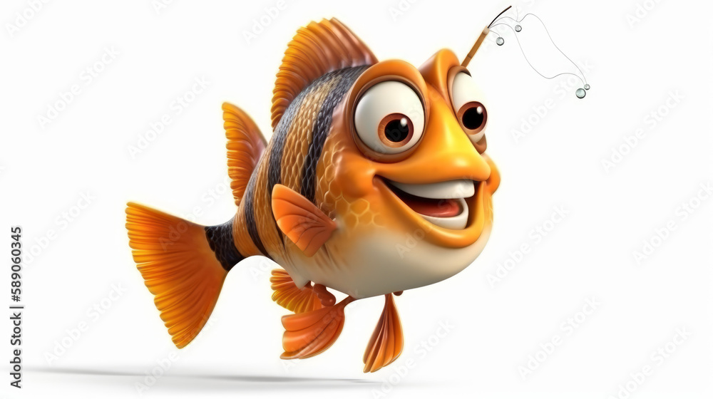 Cartoon fish with a fishing rod on a white background, generative 
