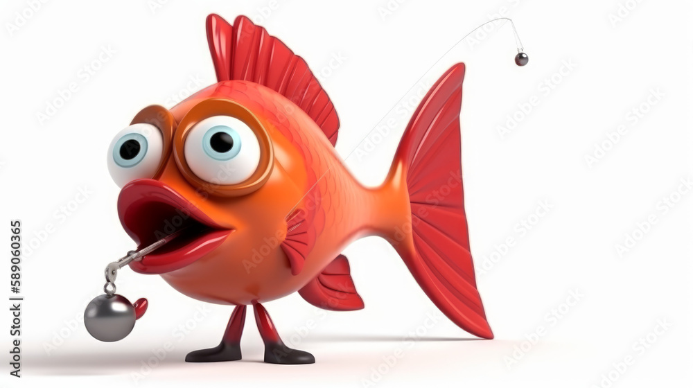 Cartoon fish with a fishing rod on a white background, generative Cartoon fish with a fishing rod on a white background, generative