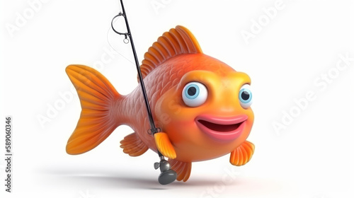 Cartoon fish with a fishing rod on a white background, generative 