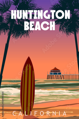 Huntington Beach California retro travel poster vector