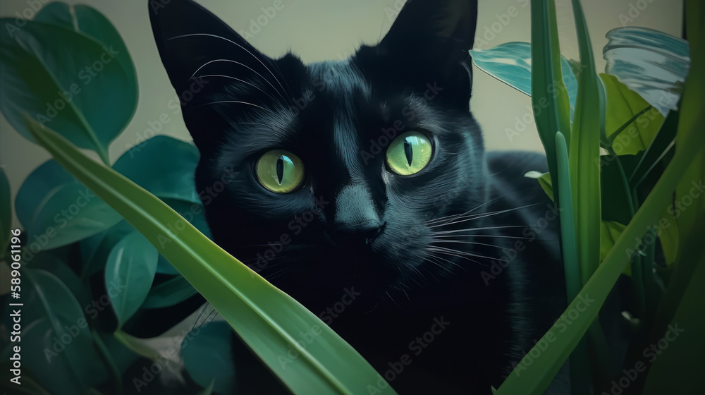 custom made wallpaper toronto digitalA curious black cat with green eyes, generative ai