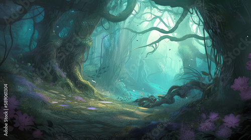 Digital illustration of magical forest  generative ai