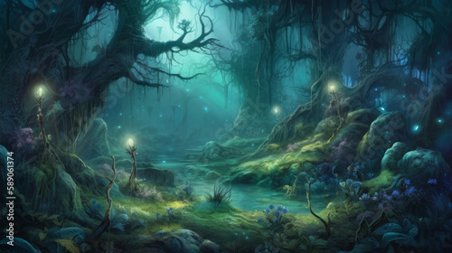 Digital illustration of magical forest, generative ai